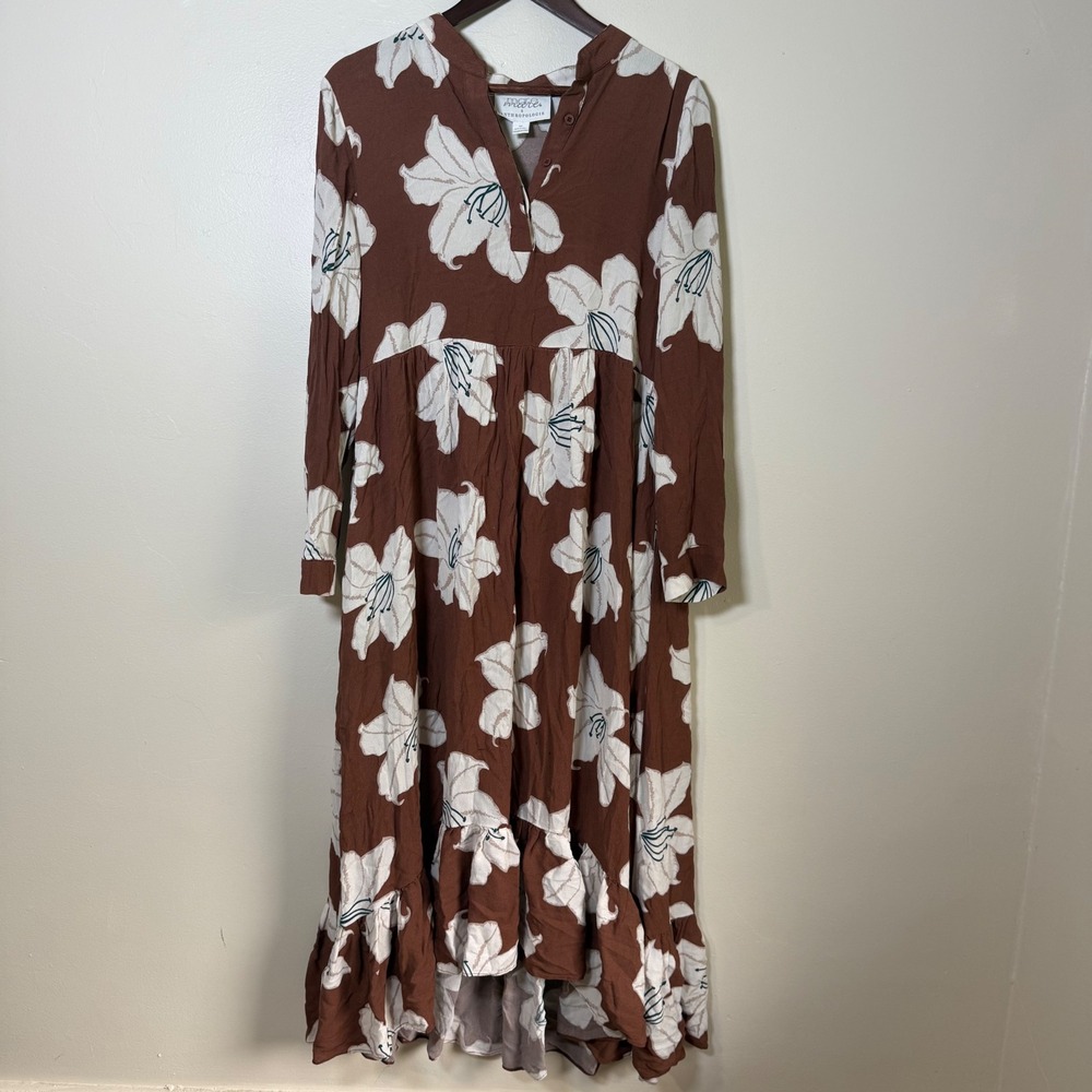 Mare Mare x Anthropologie Floral High-Low Ruffle Midi Dress Size Medium Brown
